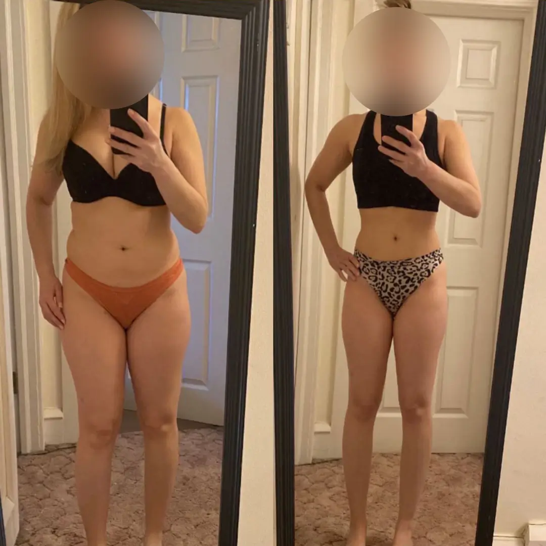 Woman taking picture in the bedroom mirror showing before and after after fitness coaching