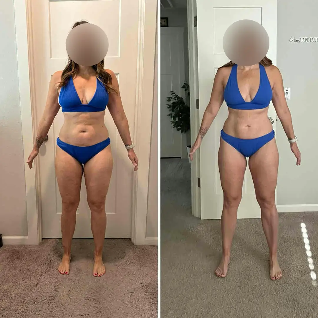 Woman wearing blue bikini showing fitness results from online coaching