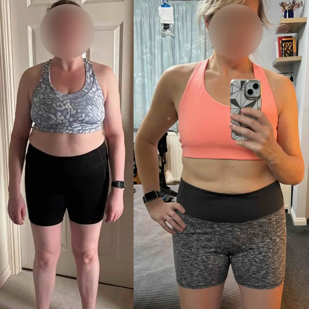 Middle aged woman showing before and after from fitness online coaching