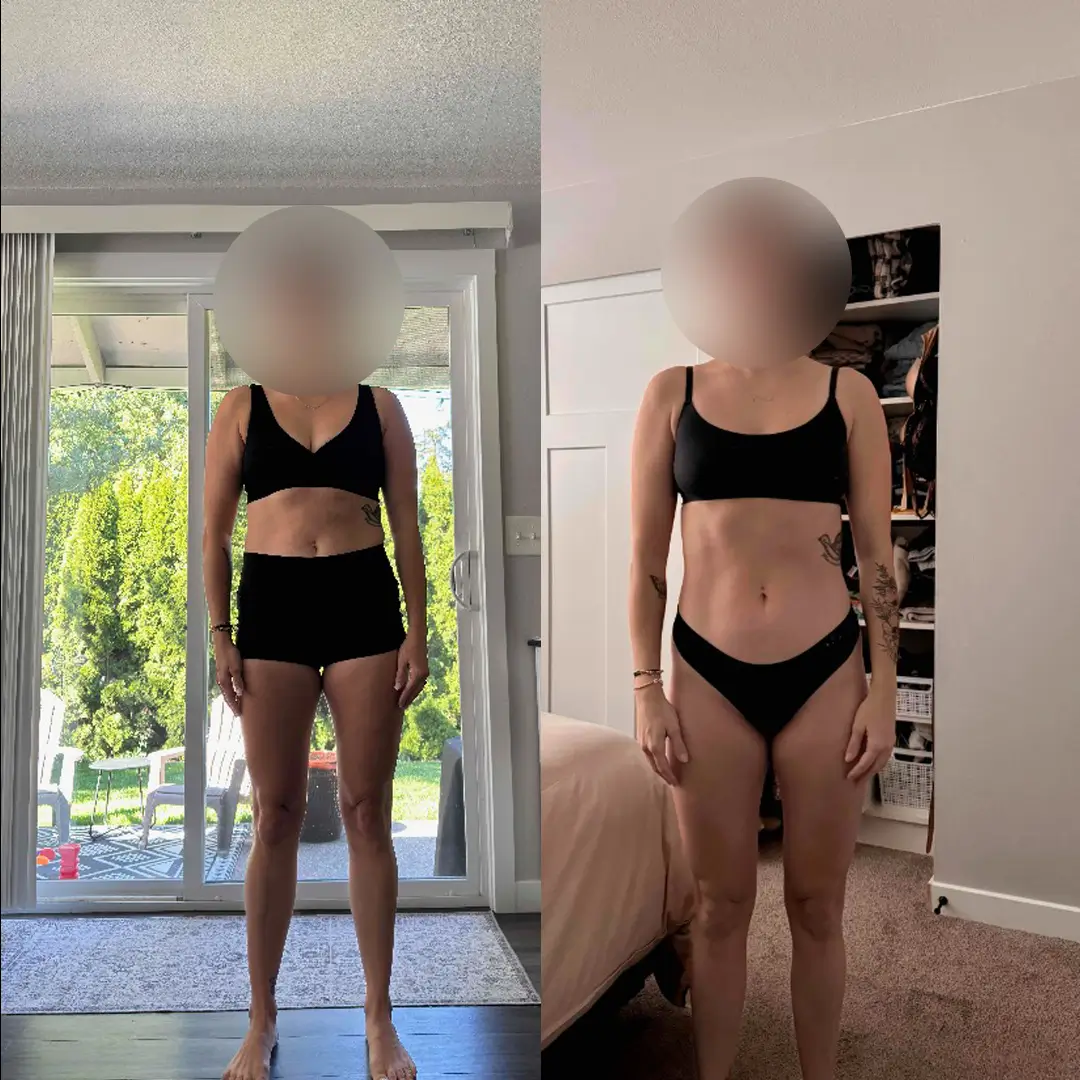 Woman showing before and after body from online coaching