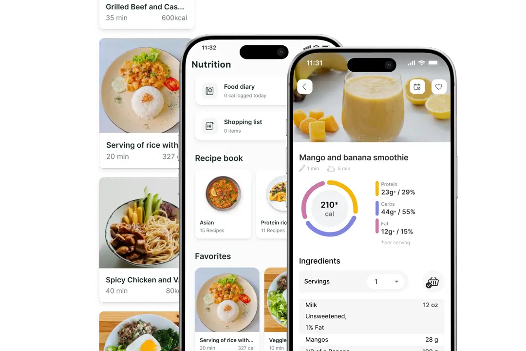 Mobile devices with different interfaces of nutritional features from a fitness app