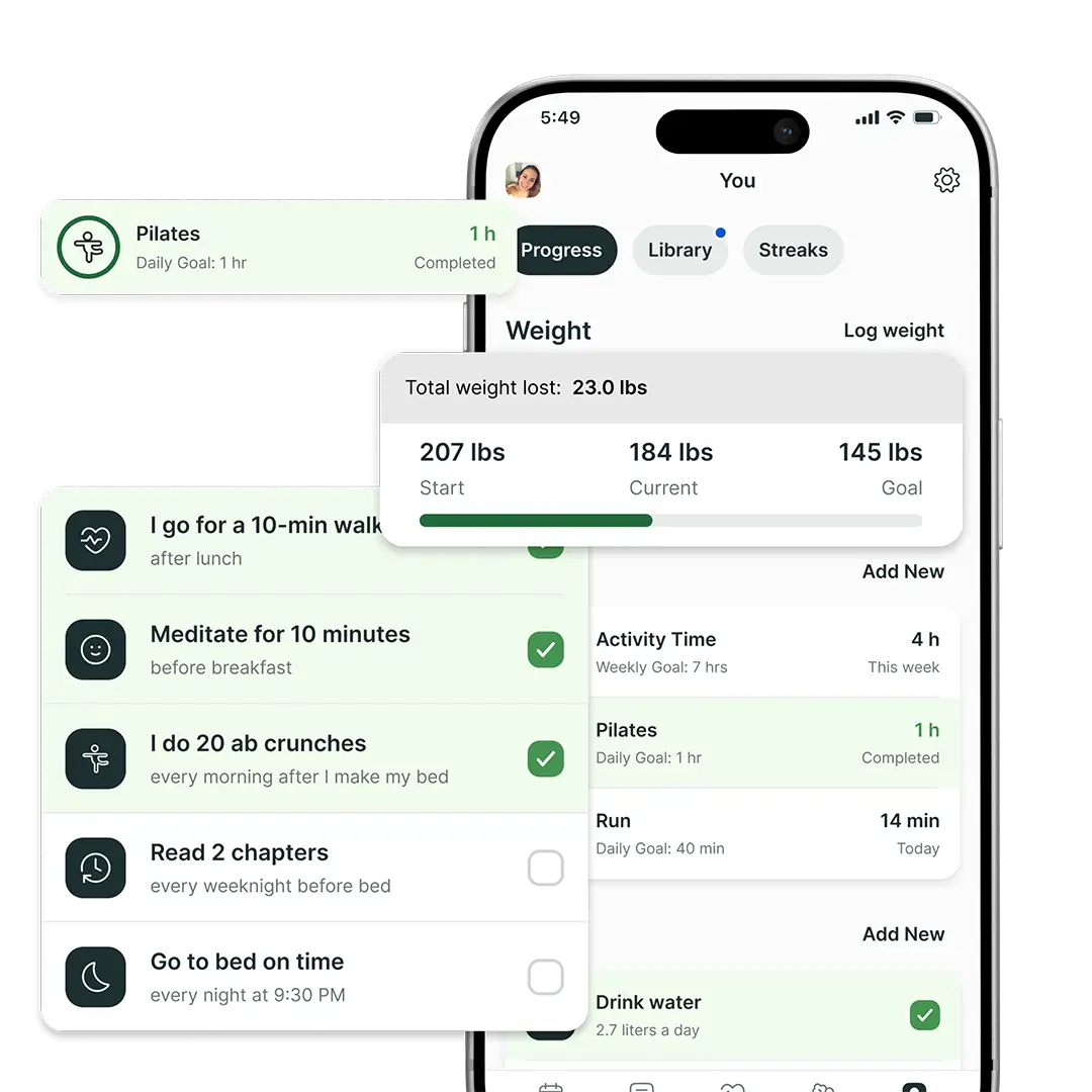 Fitness app showcasing various progression tracking features