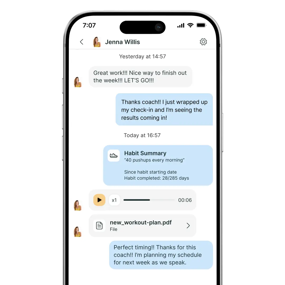 Fitness app showing in-app messaging